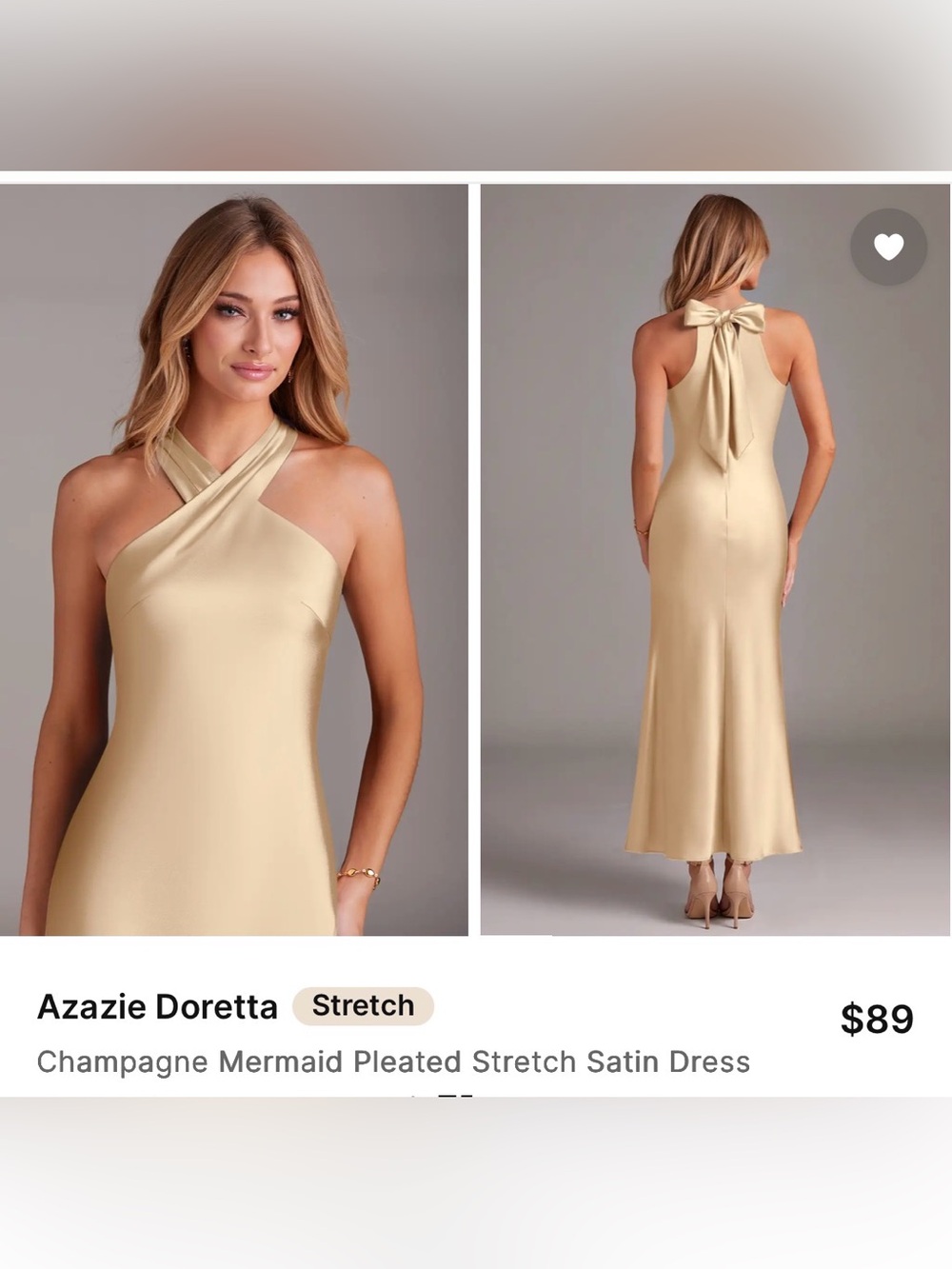 Azazie Champagne Satin Halter Gown with Back Bow